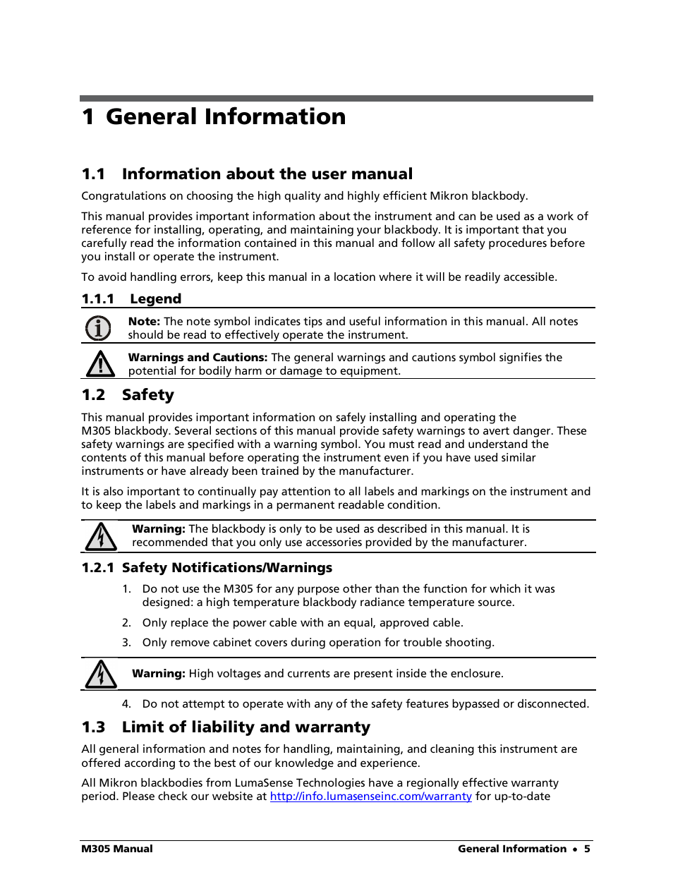 1 general information, 1 information about the user manual, 1 legend | 2 safety, 1 safety notifications/warnings, 3 limit of liability and warranty | LumaSense Technologies M305 User Manual | Page 5 / 19