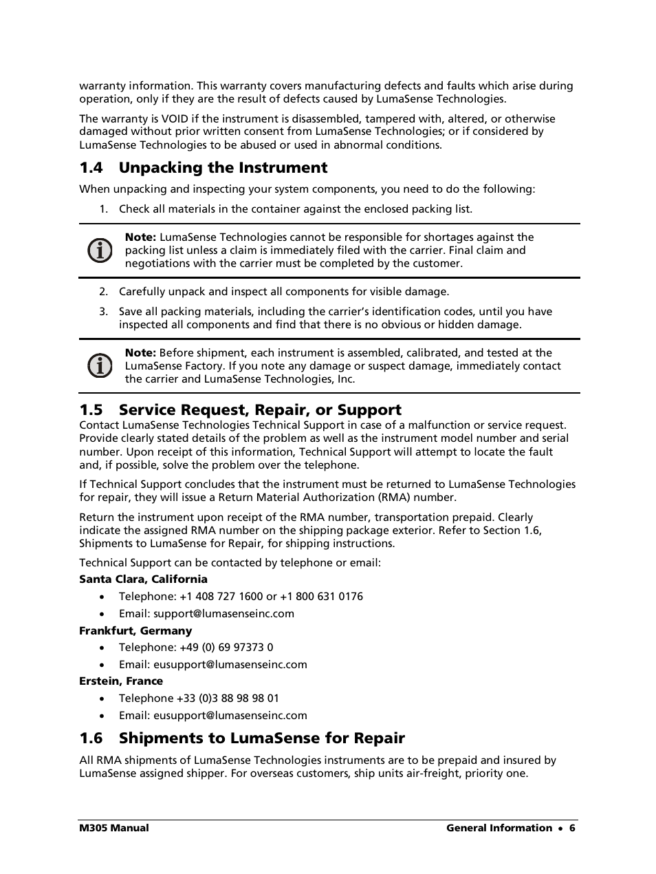 4 unpacking the instrument, 5 service request, repair, or support, 6 shipments to lumasense for repair | LumaSense Technologies M305 User Manual | Page 6 / 19