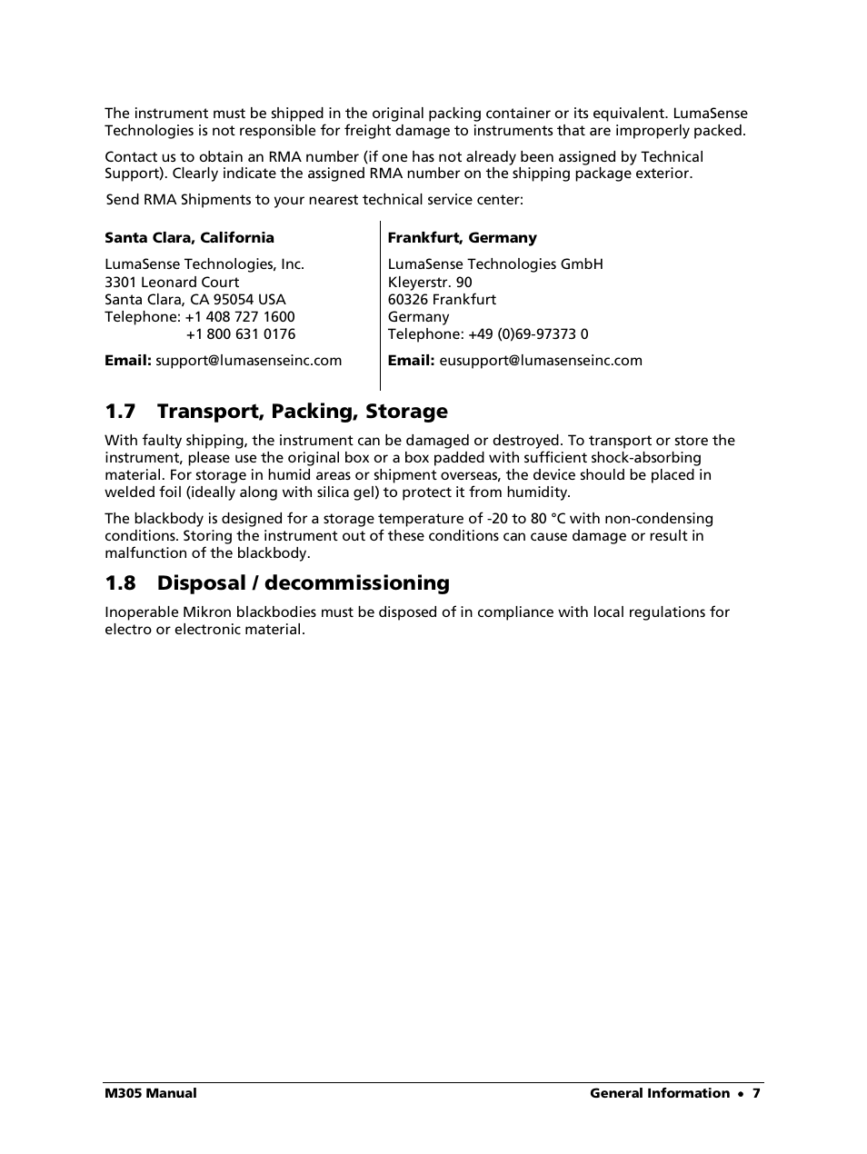 7 transport, packing, storage, 8 disposal / decommissioning | LumaSense Technologies M305 User Manual | Page 7 / 19