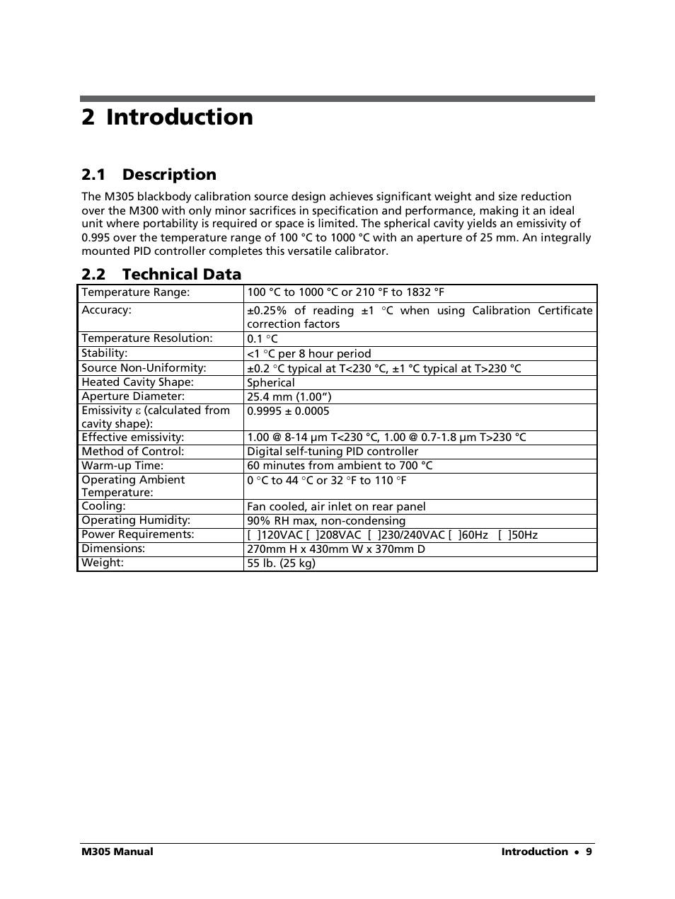 2 introduction, 1 description, 2 technical data | LumaSense Technologies M305 User Manual | Page 9 / 19