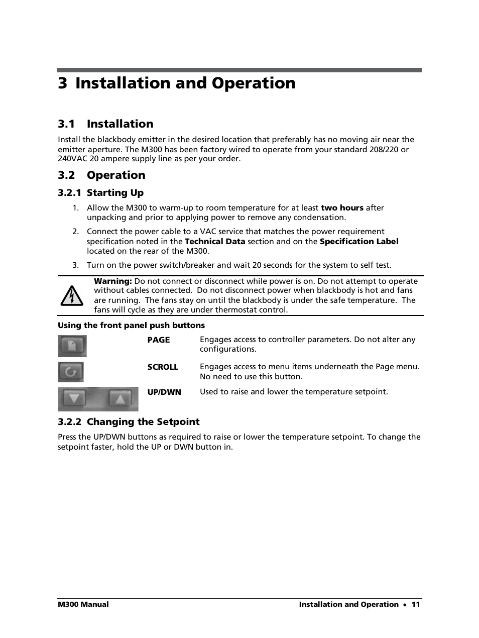 3 installation and operation, 1 installation, 2 operation | 1 starting up, Using the front panel push buttons, 2 changing the setpoint | LumaSense Technologies M300 User Manual | Page 11 / 19