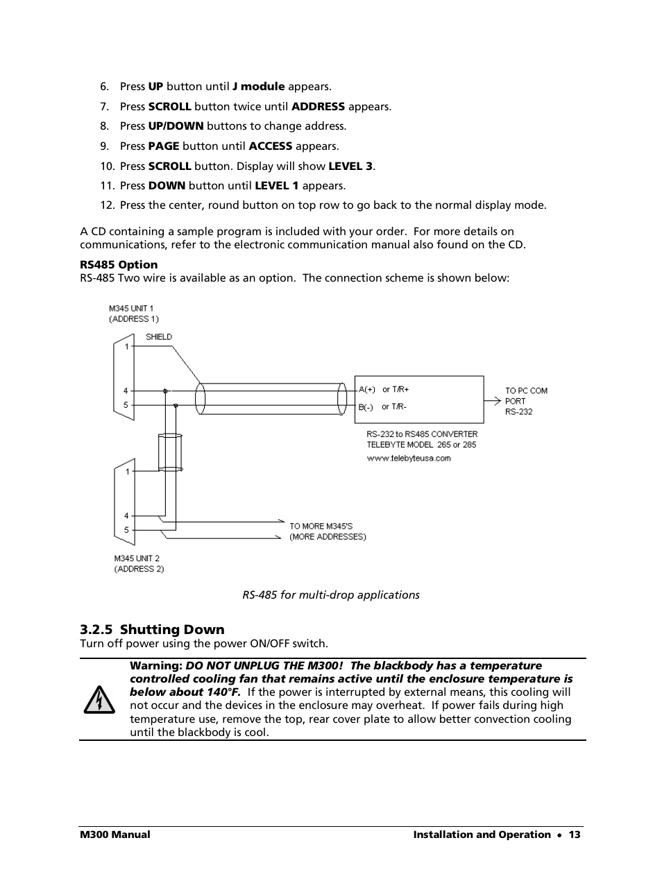 Rs485 option, 5 shutting down | LumaSense Technologies M300 User Manual | Page 13 / 19