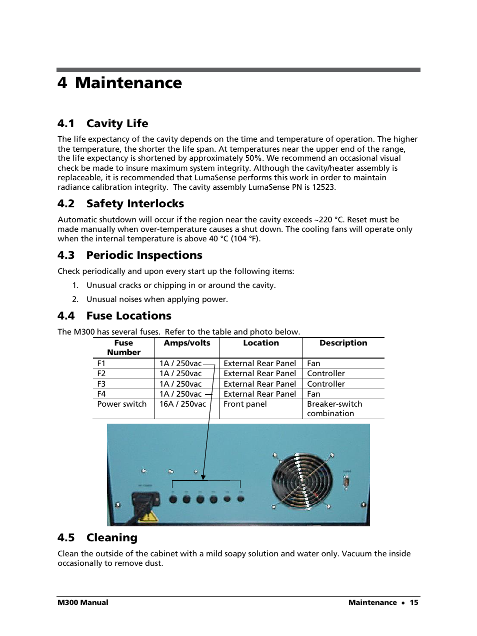 4 maintenance, 1 cavity life, 2 safety interlocks | 3 periodic inspections, 4 fuse locations, 5 cleaning | LumaSense Technologies M300 User Manual | Page 15 / 19