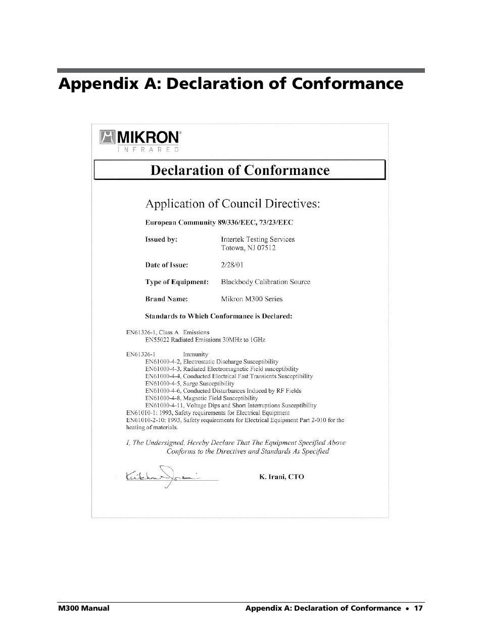 Appendix a: declaration of conformance | LumaSense Technologies M300 User Manual | Page 17 / 19