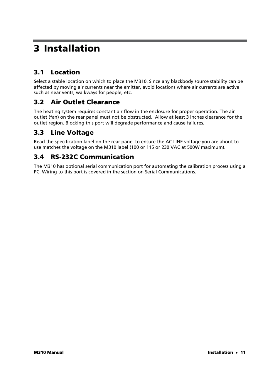 3 installation, 1 location, 2 air outlet clearance | 3 line voltage, 4 rs-232c communication | LumaSense Technologies M310 User Manual | Page 11 / 35