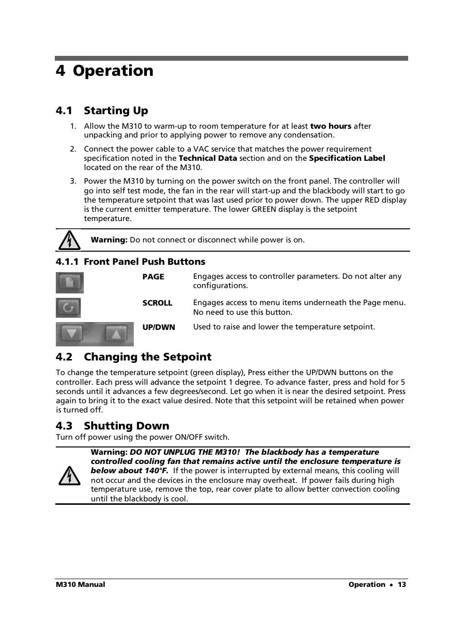 4 operation, 1 starting up, 1 front panel push buttons | 2 changing the setpoint, 3 shutting down | LumaSense Technologies M310 User Manual | Page 13 / 35