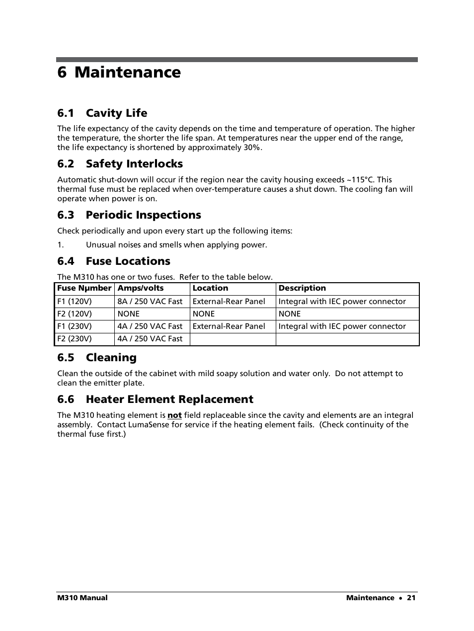 6 maintenance, 1 cavity life, 2 safety interlocks | 3 periodic inspections, 4 fuse locations, 5 cleaning, 6 heater element replacement | LumaSense Technologies M310 User Manual | Page 21 / 35
