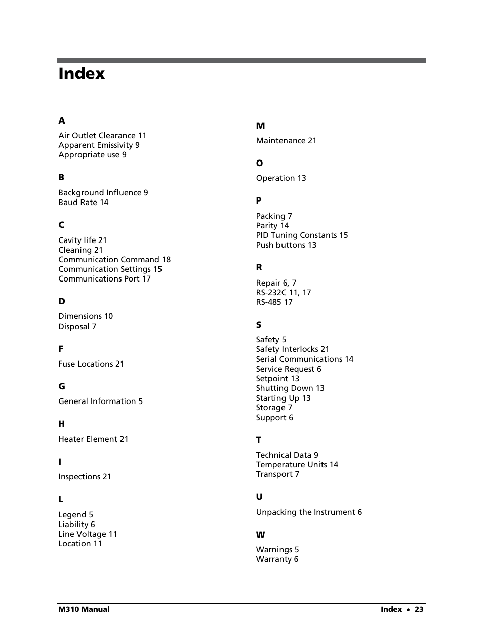 Index | LumaSense Technologies M310 User Manual | Page 23 / 35