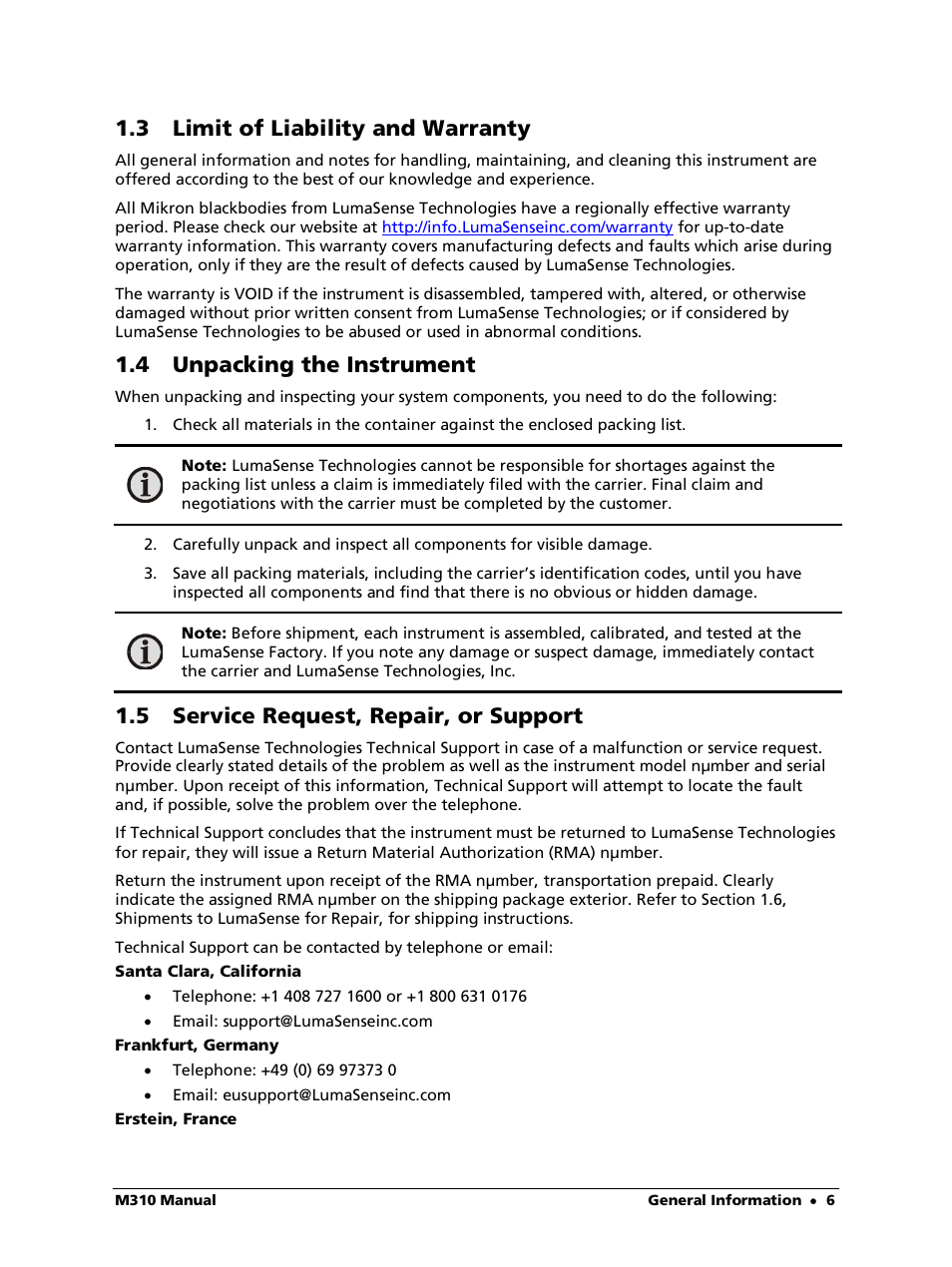 3 limit of liability and warranty, 4 unpacking the instrument, 5 service request, repair, or support | LumaSense Technologies M310 User Manual | Page 6 / 35