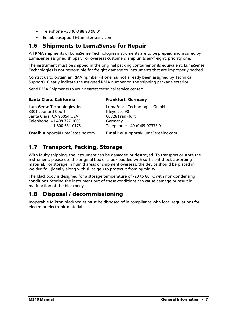 6 shipments to lumasense for repair, 7 transport, packing, storage, 8 disposal / decommissioning | LumaSense Technologies M310 User Manual | Page 7 / 35