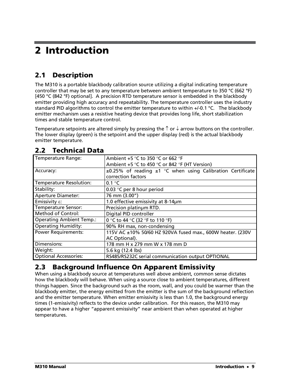 2 introduction, 1 description, 2 technical data | 3 background influence on apparent emissivity | LumaSense Technologies M310 User Manual | Page 9 / 35