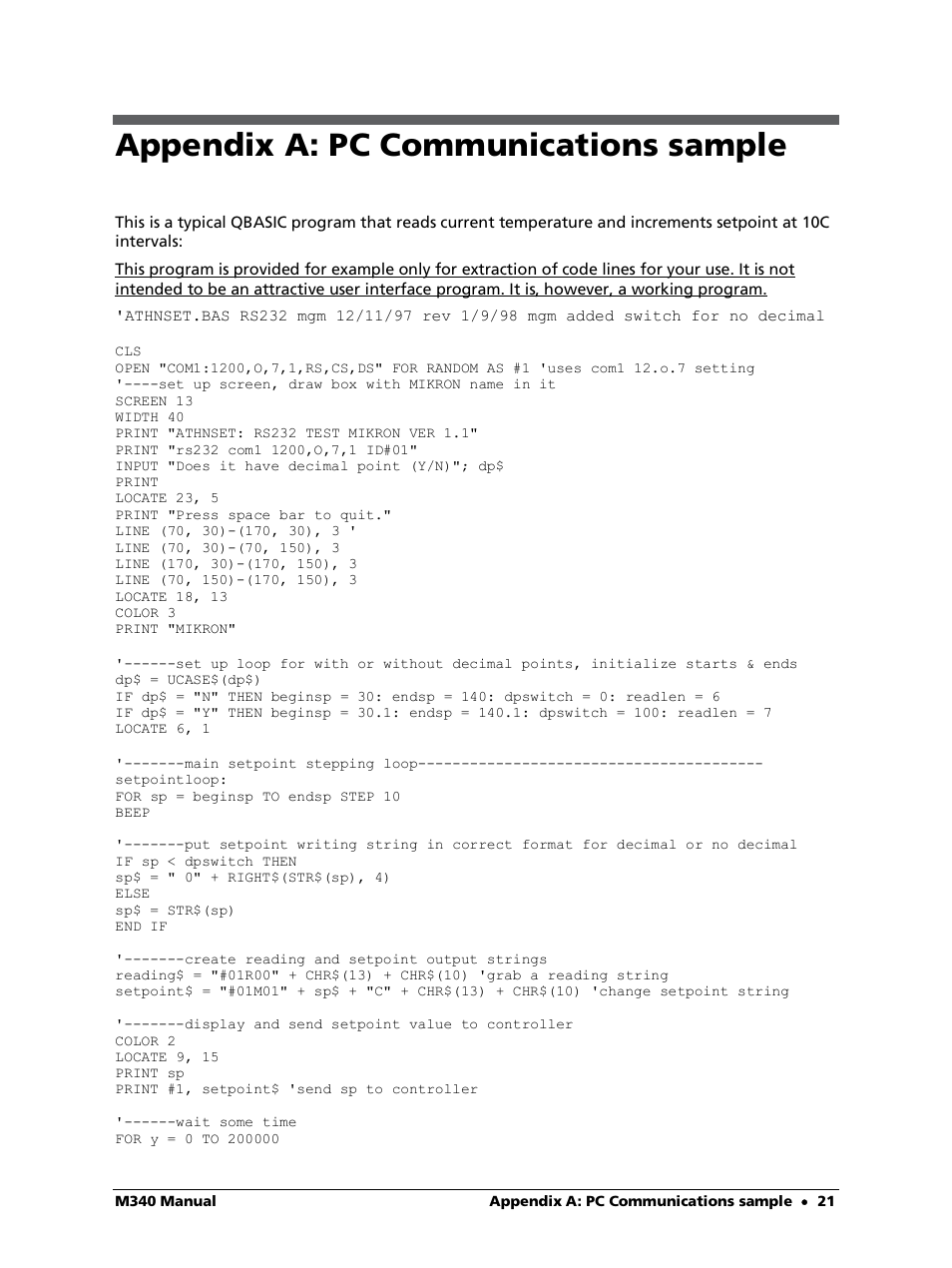 Appendix a: pc communications sample | LumaSense Technologies M340 User Manual | Page 21 / 30
