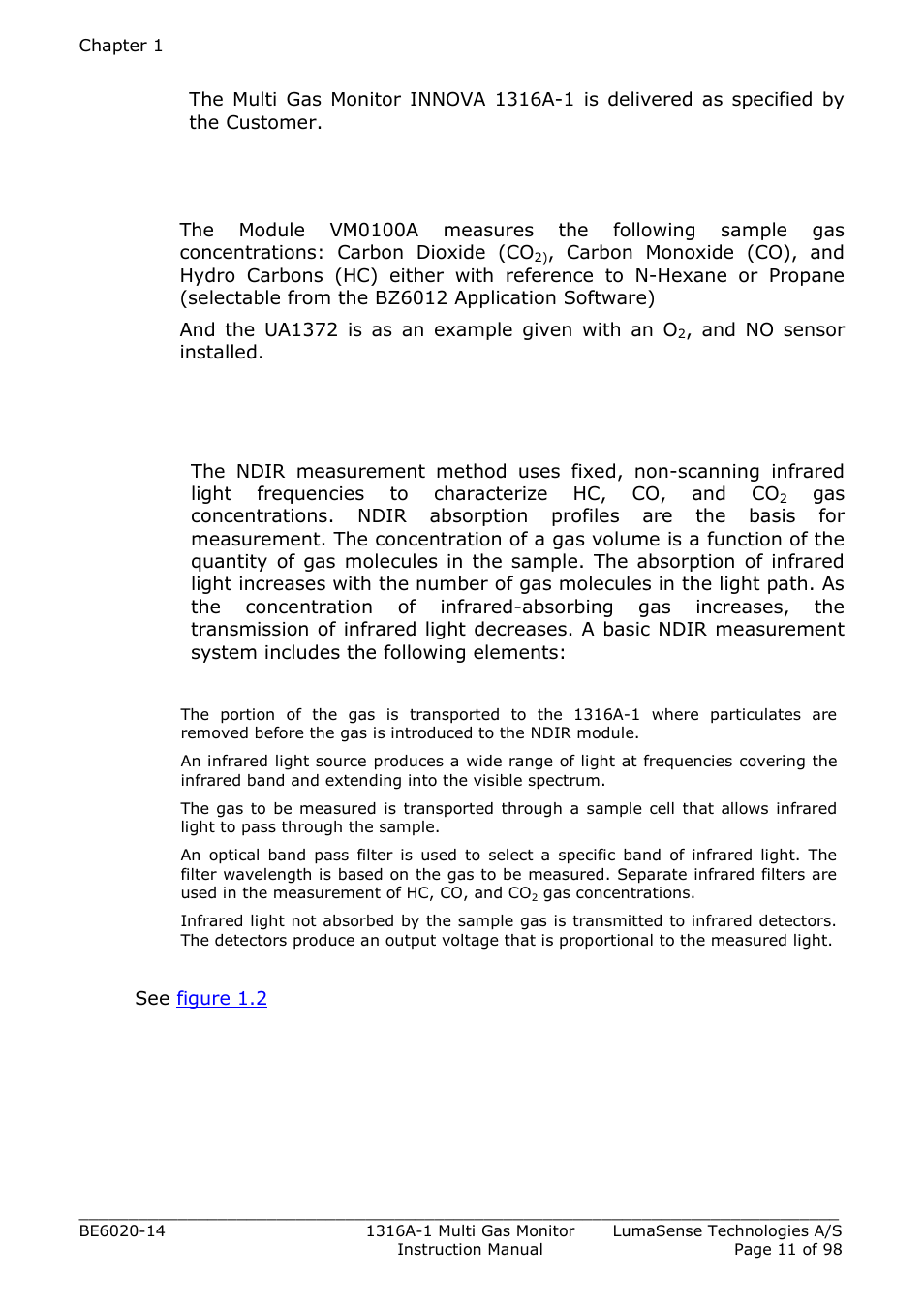 4 ndir gas measurement, 1 hc, co and co2 measurement, Section 1.4 | LumaSense Technologies INNOVA 1316A-1 User Manual | Page 11 / 98
