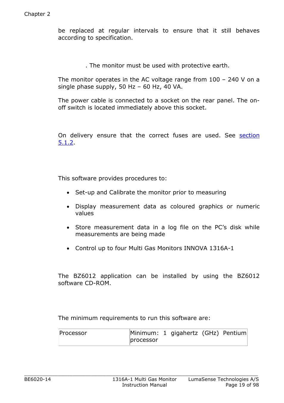 3 mains supply, 4 checking and changing the fuses, 2 the bz 6012 software | 1 computer requirements | LumaSense Technologies INNOVA 1316A-1 User Manual | Page 19 / 98