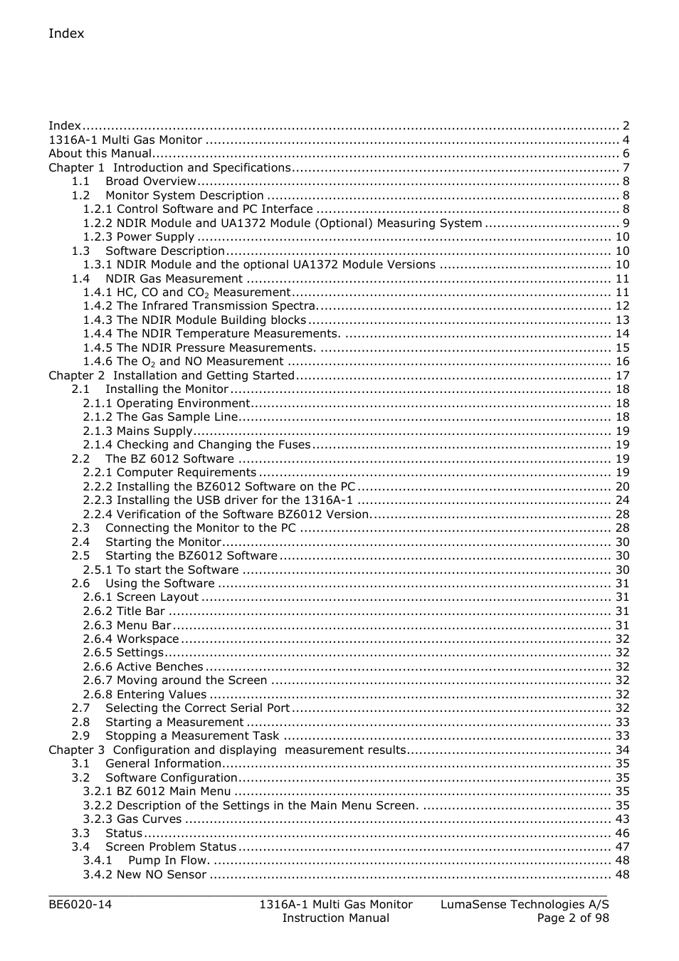 Index, 1316a-1 multi gas monitor 4, About this manual 6 | Chapter 1 introduction and specifications 7, Chapter 2 installation and getting started 17 | LumaSense Technologies INNOVA 1316A-1 User Manual | Page 2 / 98