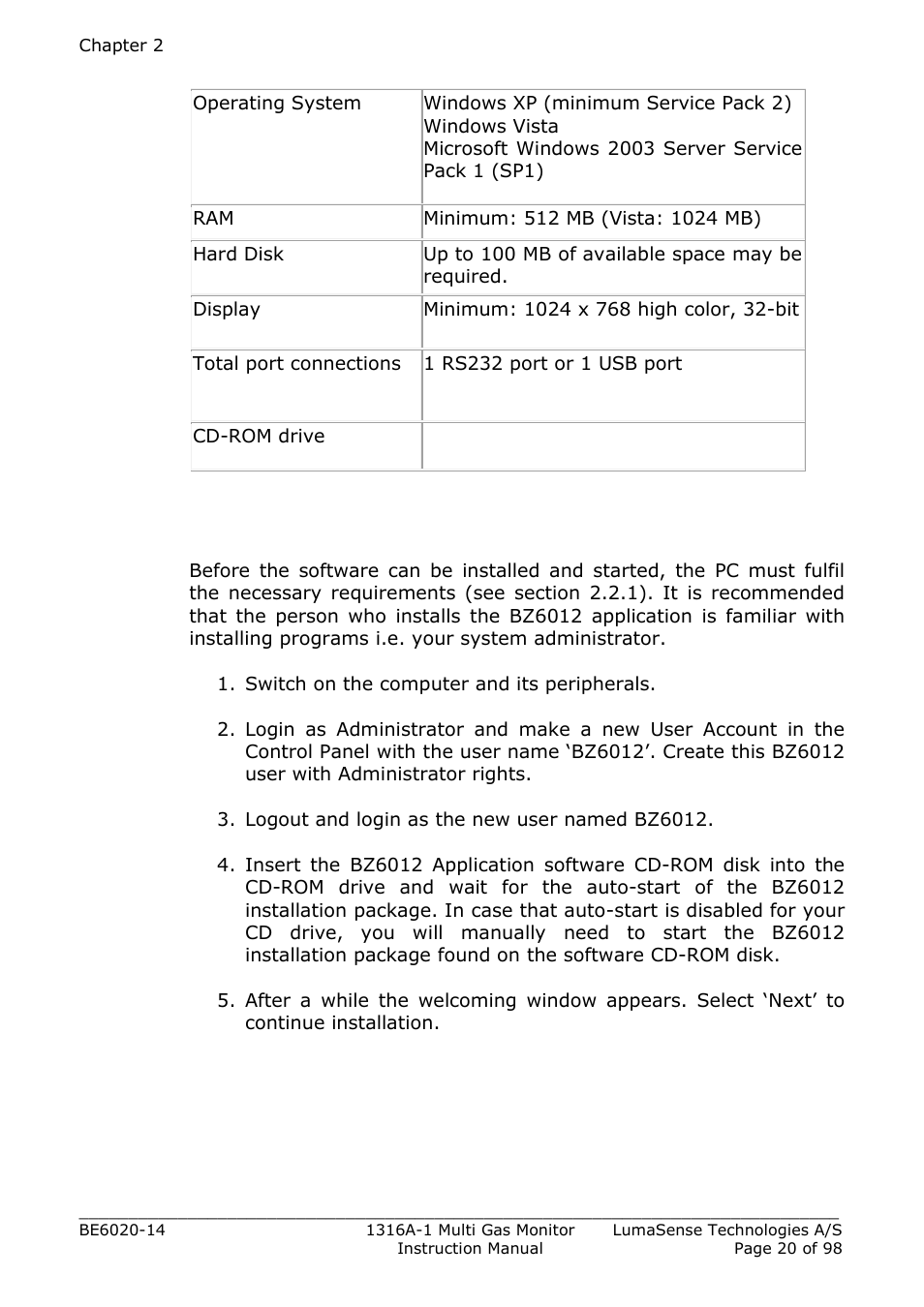 2 installing the bz6012 software on the pc | LumaSense Technologies INNOVA 1316A-1 User Manual | Page 20 / 98