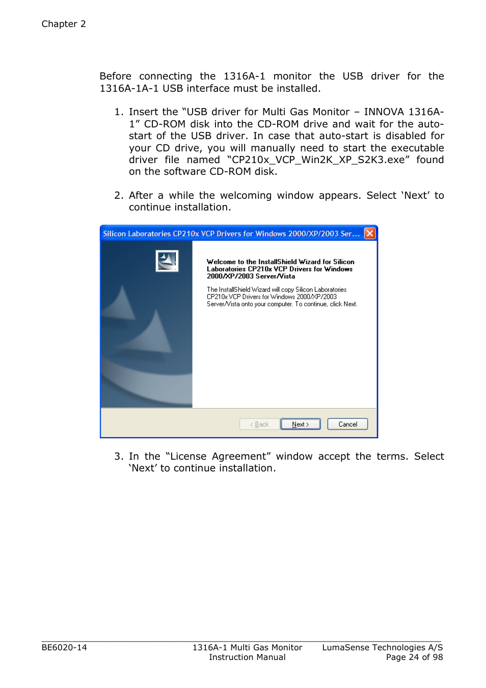 3 installing the usb driver for the 1316a-1 | LumaSense Technologies INNOVA 1316A-1 User Manual | Page 24 / 98