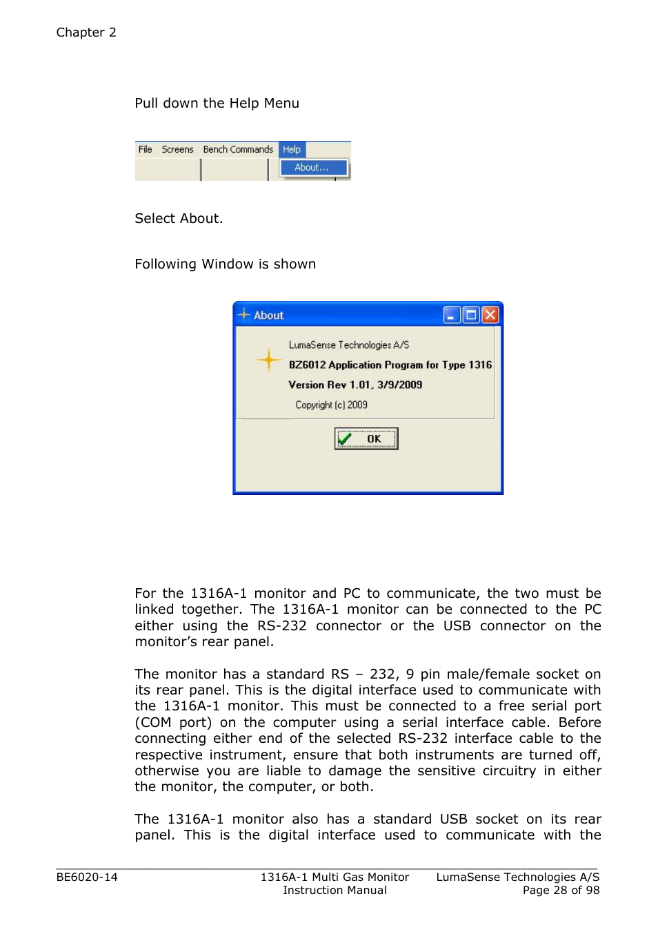 4 verification of the software bz6012 version, 3 connecting the monitor to the pc | LumaSense Technologies INNOVA 1316A-1 User Manual | Page 28 / 98