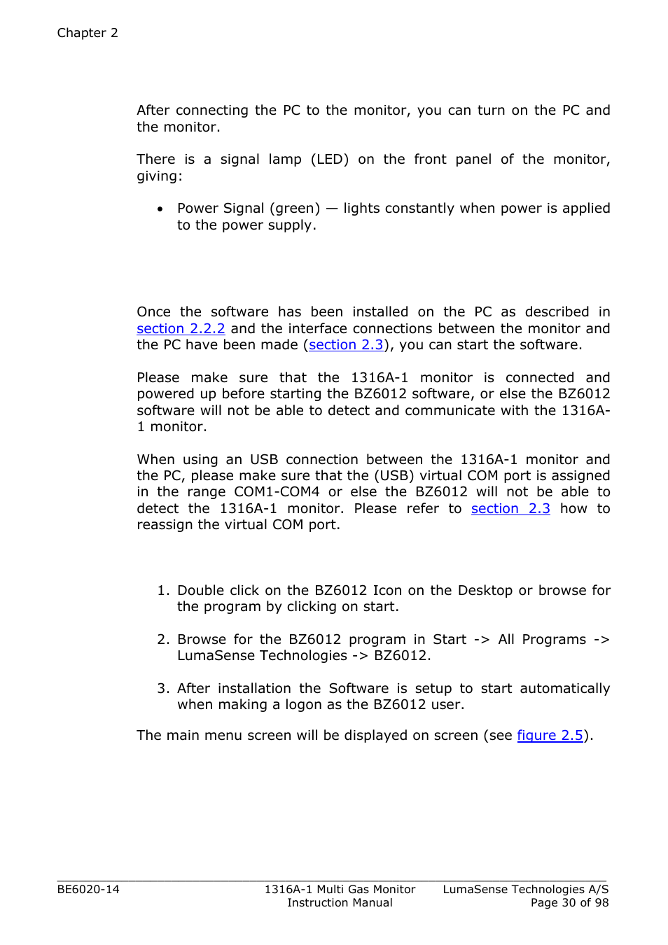 4 starting the monitor, 5 starting the bz6012 software, 1 to start the software | LumaSense Technologies INNOVA 1316A-1 User Manual | Page 30 / 98