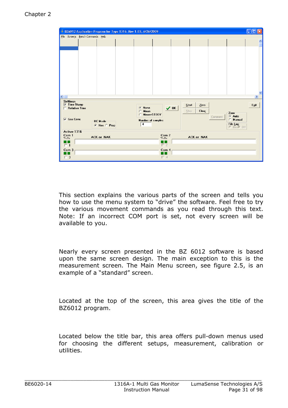 6 using the software, 1 screen layout, 2 title bar | 3 menu bar, Figure 2.5 | LumaSense Technologies INNOVA 1316A-1 User Manual | Page 31 / 98