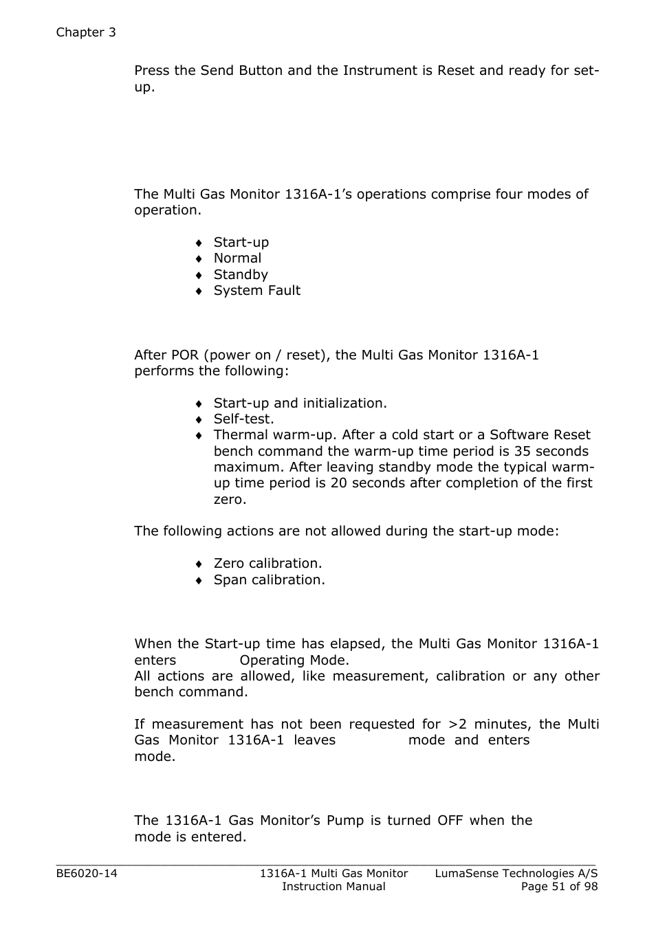 6 operating modes of the multi gas monitor 1316a-1, 1 start-up operating mode, 2 normal operating mode | 3 standby operating mode | LumaSense Technologies INNOVA 1316A-1 User Manual | Page 51 / 98