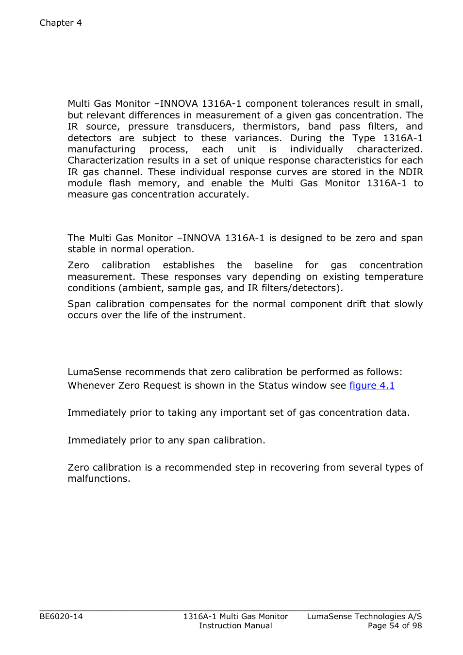 1 introduction, 1 factory calibration, 2 field calibration | 2 zero calibration and o2 span calibration, 2 zero calibration and o, Span calibration | LumaSense Technologies INNOVA 1316A-1 User Manual | Page 54 / 98