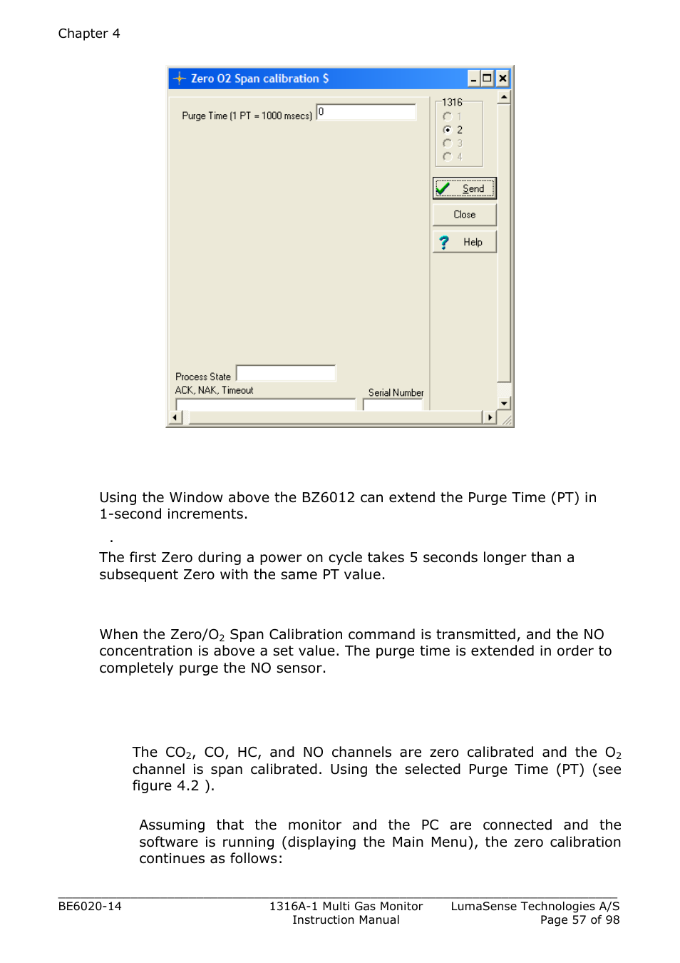 1 zero calibration procedure, Section 4.2.1 | LumaSense Technologies INNOVA 1316A-1 User Manual | Page 57 / 98