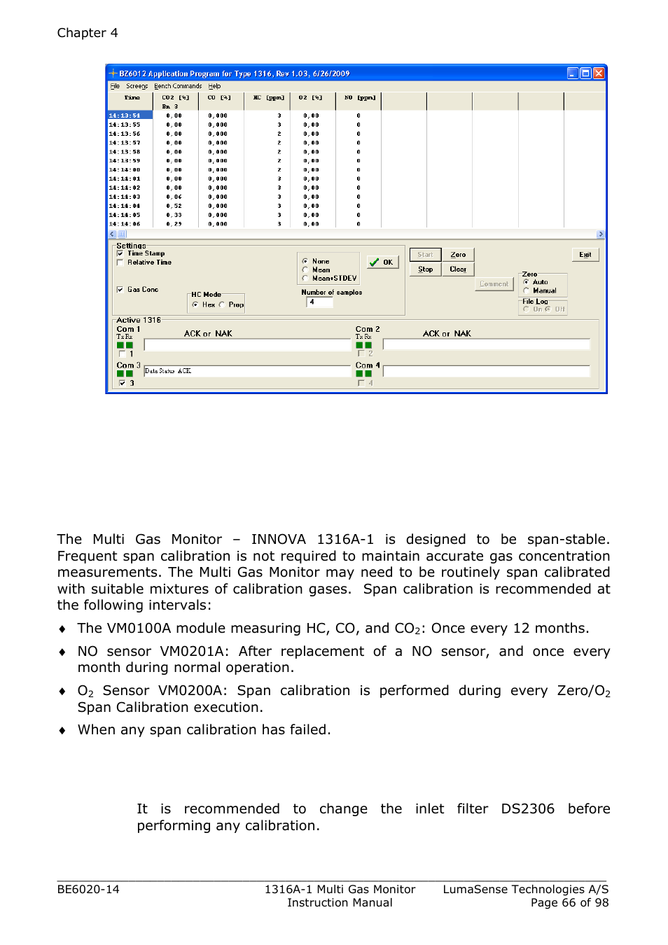 3 span calibration, 1 introduction, 2 checking and changing the particle filters | LumaSense Technologies INNOVA 1316A-1 User Manual | Page 66 / 98