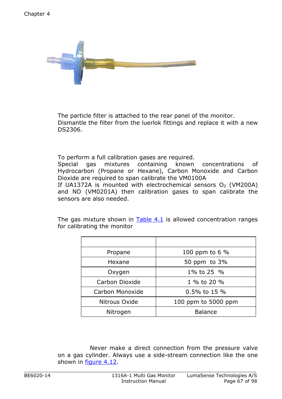 3 calibration gases, 4 connecting the calibration gas | LumaSense Technologies INNOVA 1316A-1 User Manual | Page 67 / 98