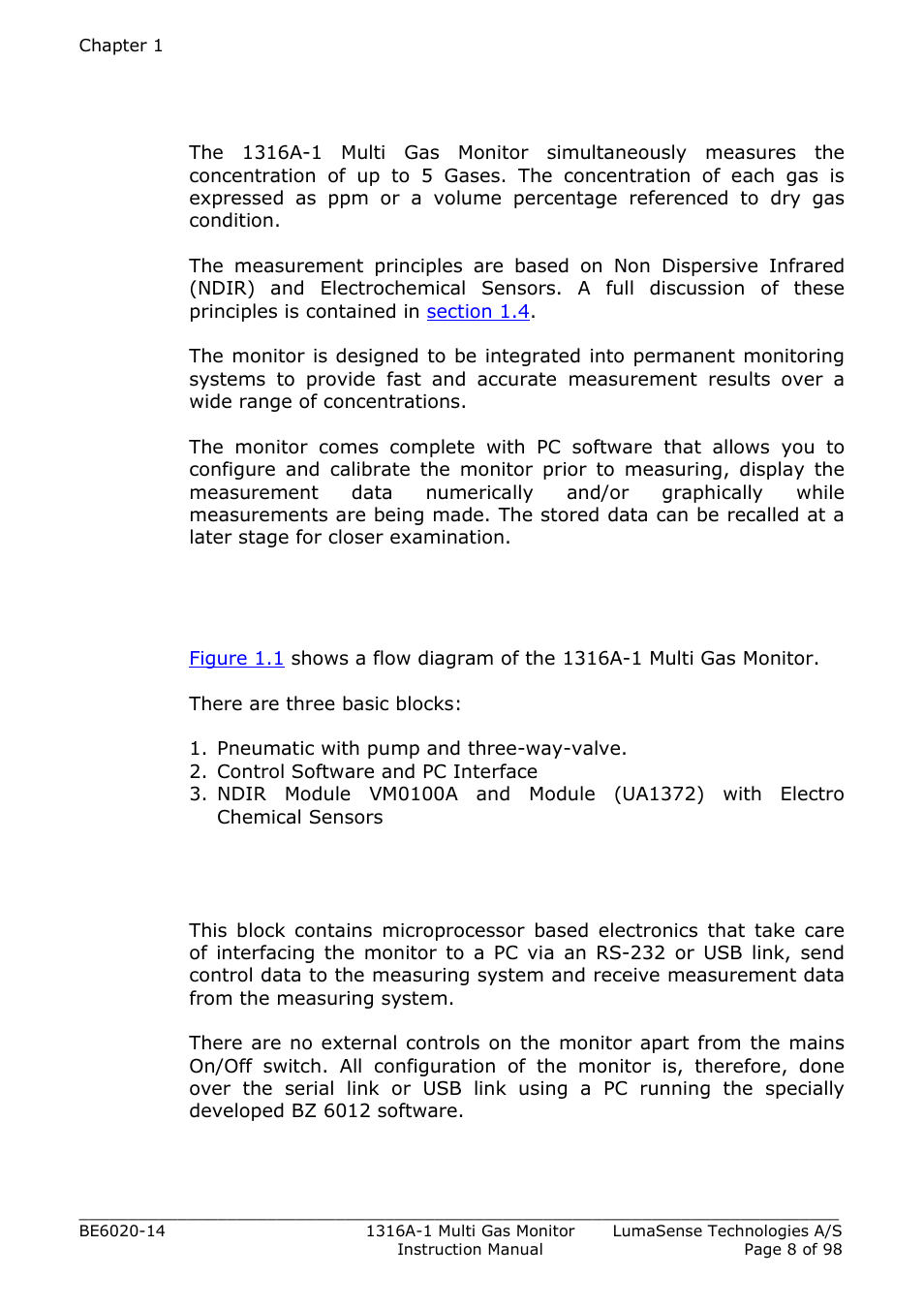 1 broad overview, 2 monitor system description, 1 control software and pc interface | LumaSense Technologies INNOVA 1316A-1 User Manual | Page 8 / 98