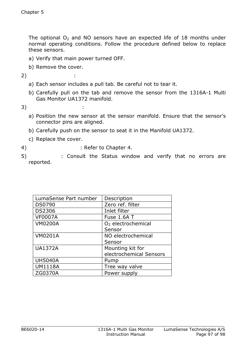 8 o2 and no sensor replacement, 9 field replaceable parts | LumaSense Technologies INNOVA 1316A-1 User Manual | Page 97 / 98