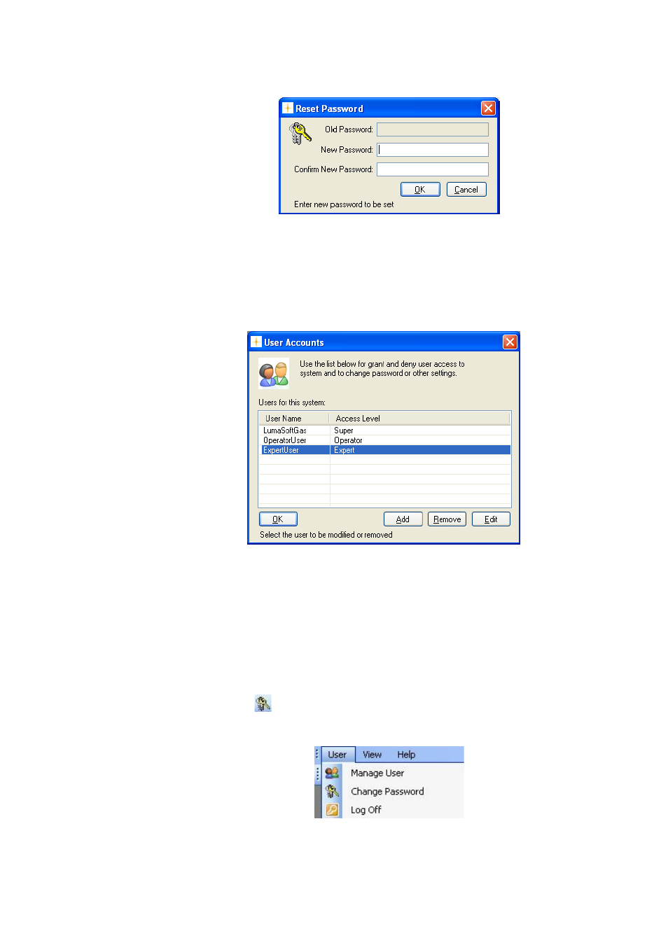 3 remove user account, 4 change password of the administrator | LumaSense Technologies LumaSoft Gas Multi Point 7860 User Manual | Page 26 / 194