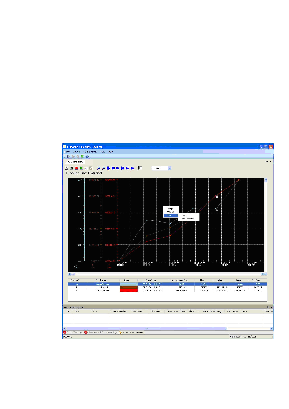 8 printing the graphical window(channel view) | LumaSense Technologies LumaSoft Gas Multi Point 7860 User Manual | Page 71 / 194