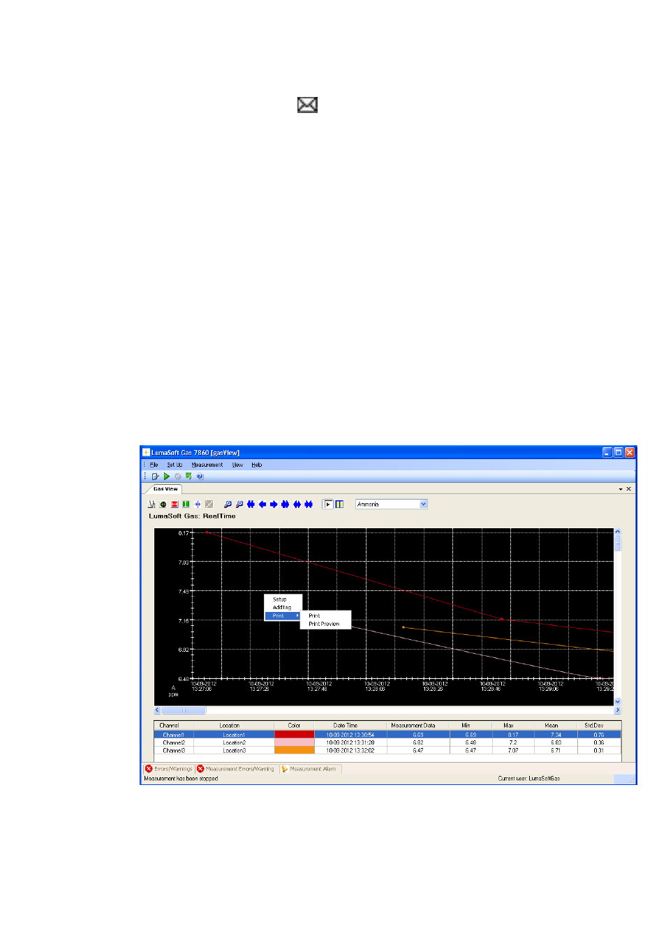 9 printing the graphical window(gas view), Section 4.2.2.9 | LumaSense Technologies LumaSoft Gas Multi Point 7860 User Manual | Page 92 / 194