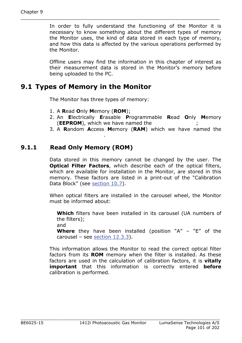 1 types of memory in the monitor, 1 read only memory (rom) | LumaSense Technologies INNOVA 1412i User Manual | Page 101 / 202