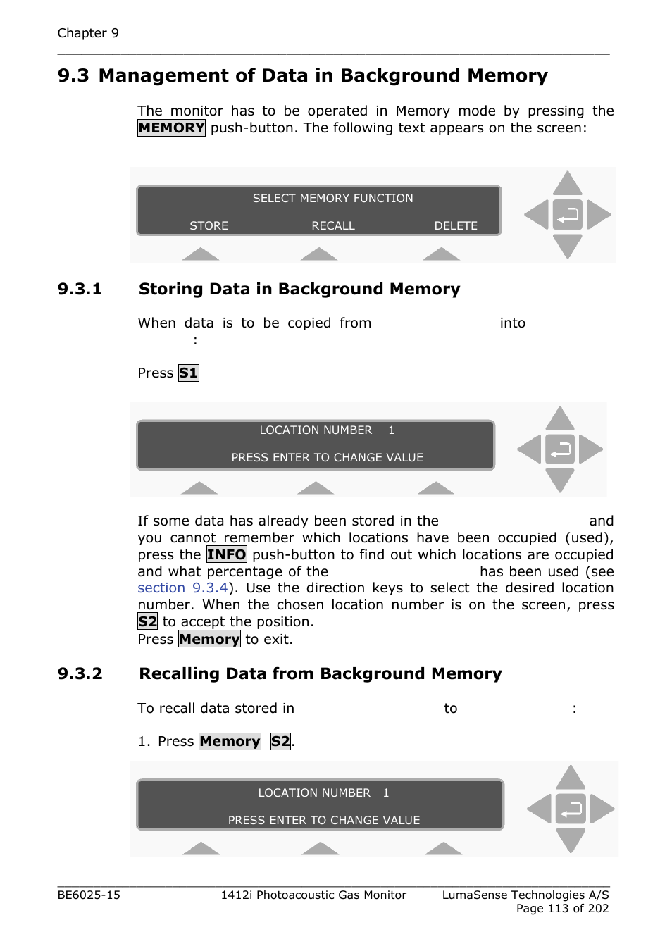 3 management of data in background memory, 1 storing data in background memory, 2 recalling data from background memory | Section 9.3.1, Section 9.3.2 | LumaSense Technologies INNOVA 1412i User Manual | Page 113 / 202