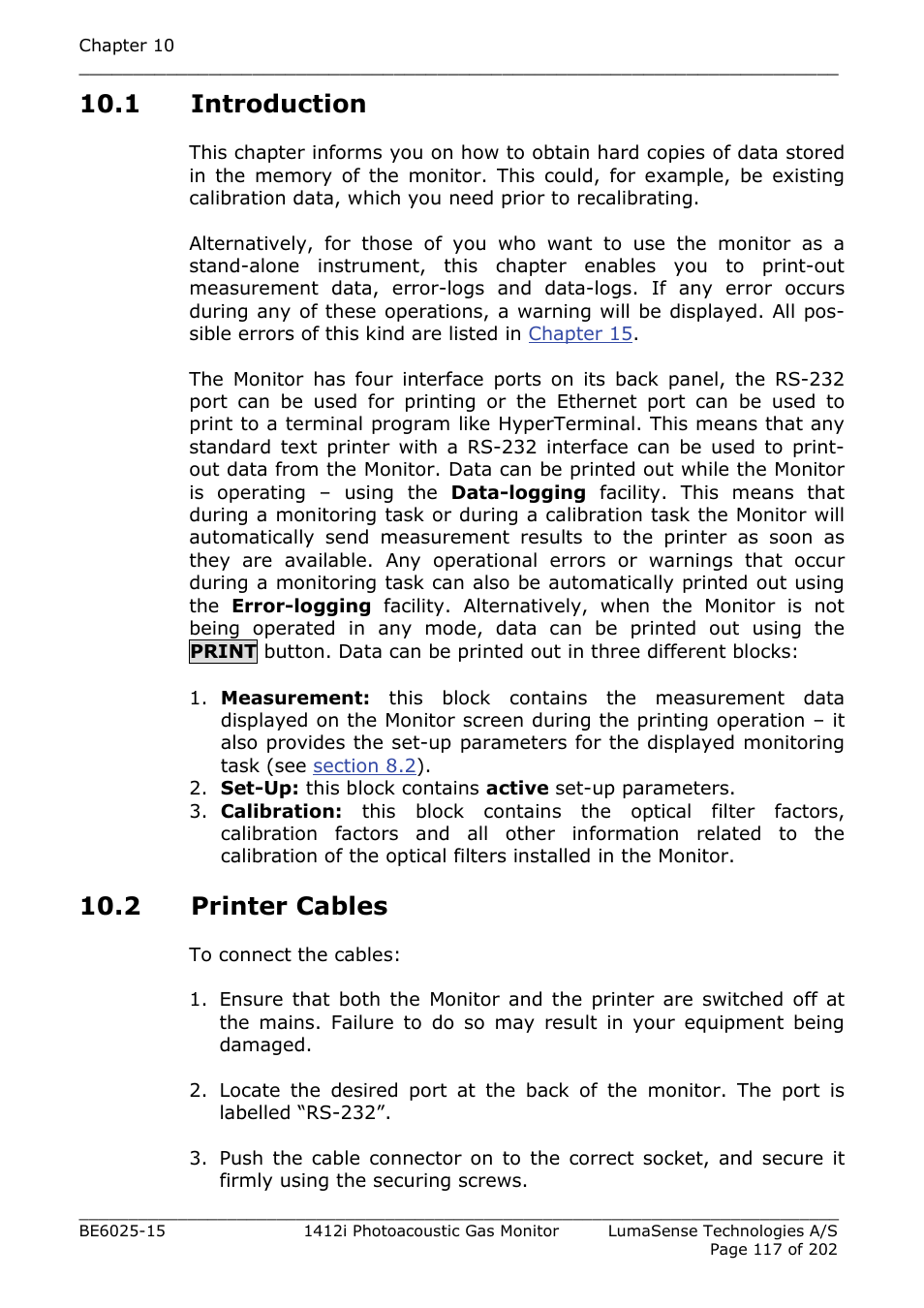 1 introduction, 2 printer cables | LumaSense Technologies INNOVA 1412i User Manual | Page 117 / 202
