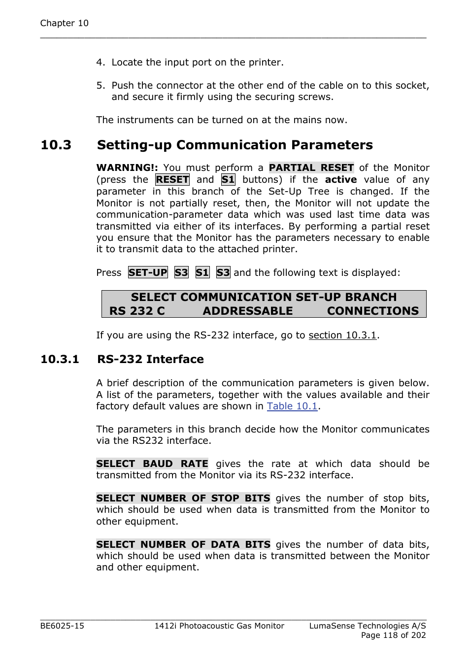 3 setting-up communication parameters, 1 rs-232 interface | LumaSense Technologies INNOVA 1412i User Manual | Page 118 / 202