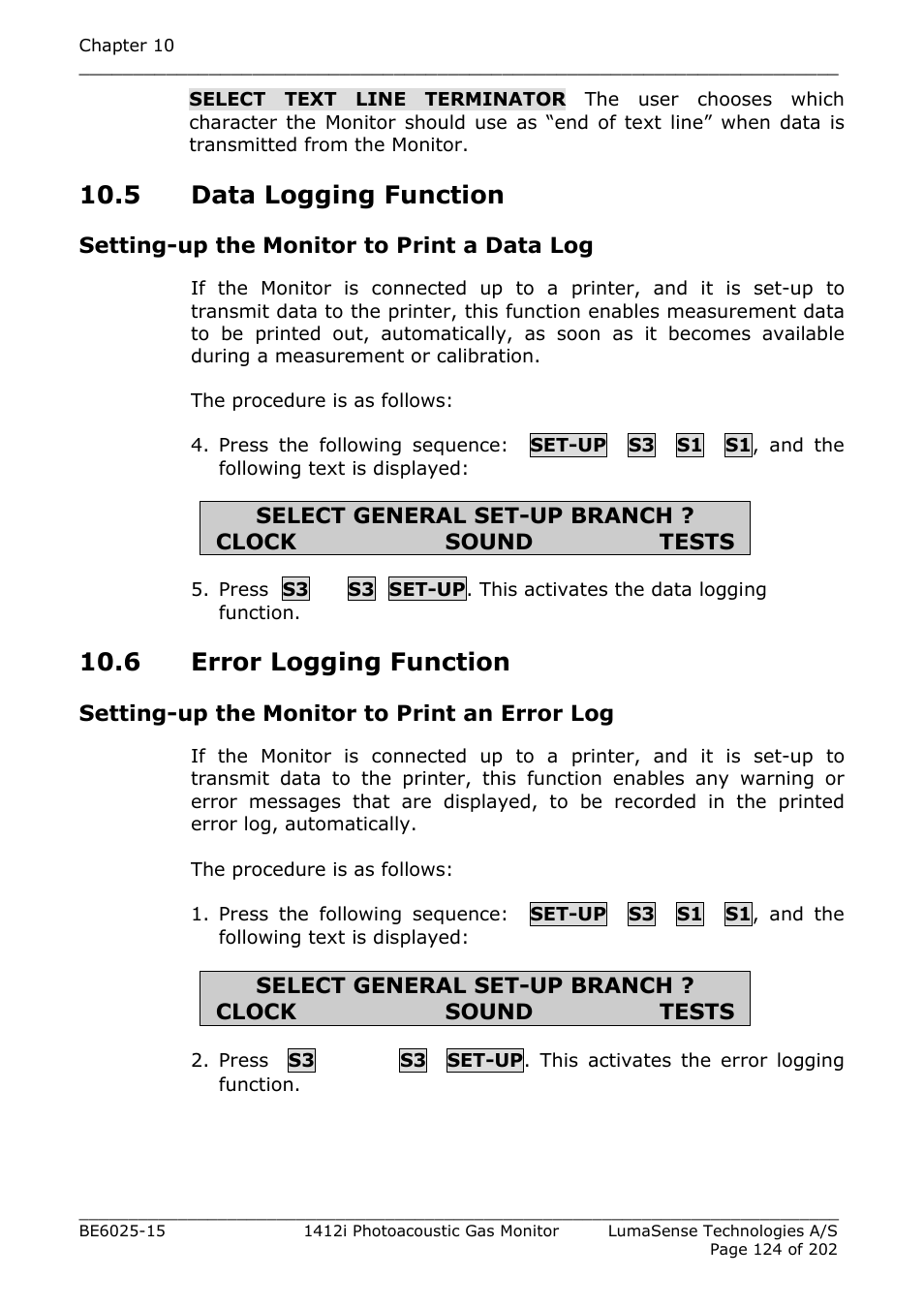 5 data logging function, 6 error logging function, Section | LumaSense Technologies INNOVA 1412i User Manual | Page 124 / 202