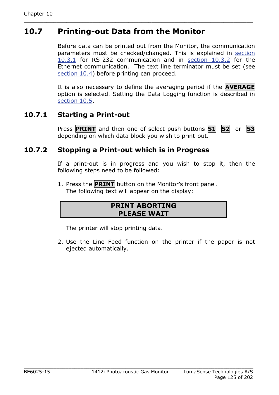 7 printing-out data from the monitor, 1 starting a print-out, 2 stopping a print-out which is in progress | LumaSense Technologies INNOVA 1412i User Manual | Page 125 / 202
