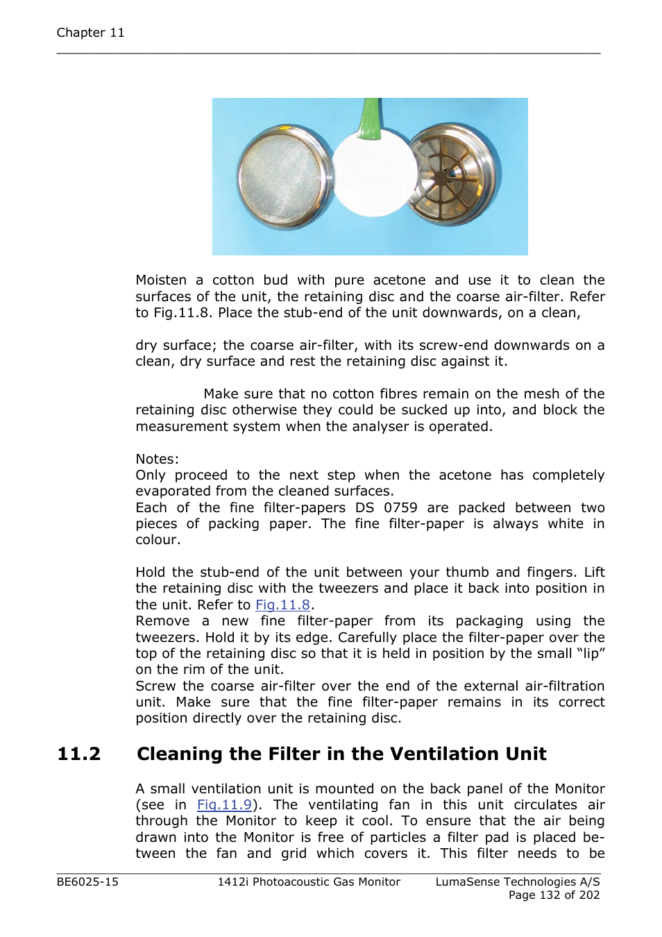 2 cleaning the filter in the ventilation unit, Section 11.2, Fig.11.8 | LumaSense Technologies INNOVA 1412i User Manual | Page 132 / 202