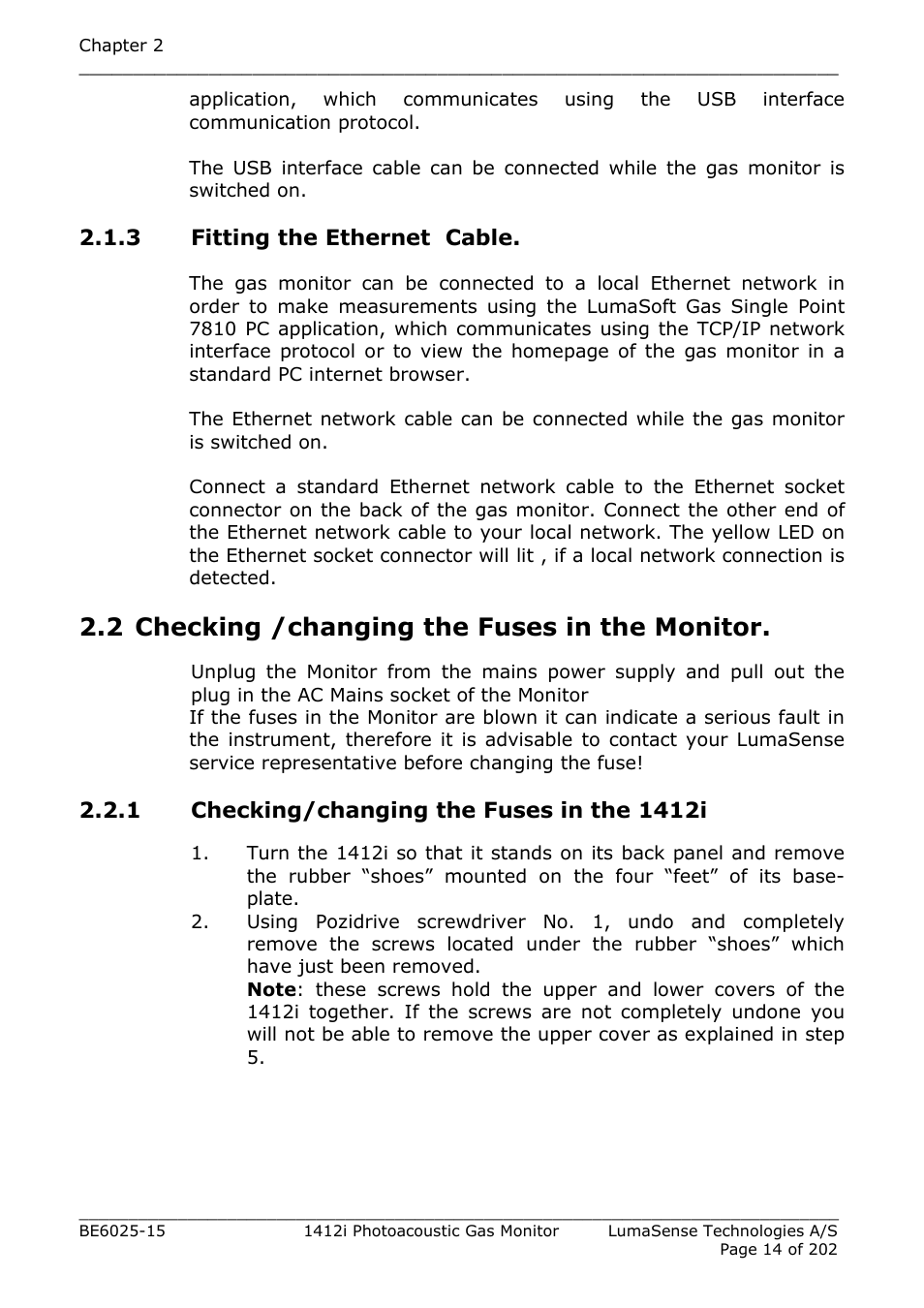 3 fitting the ethernet cable, 2 checking /changing the fuses in the monitor, 1 checking/changing the fuses in the 1412i | Section 2.2 | LumaSense Technologies INNOVA 1412i User Manual | Page 14 / 202