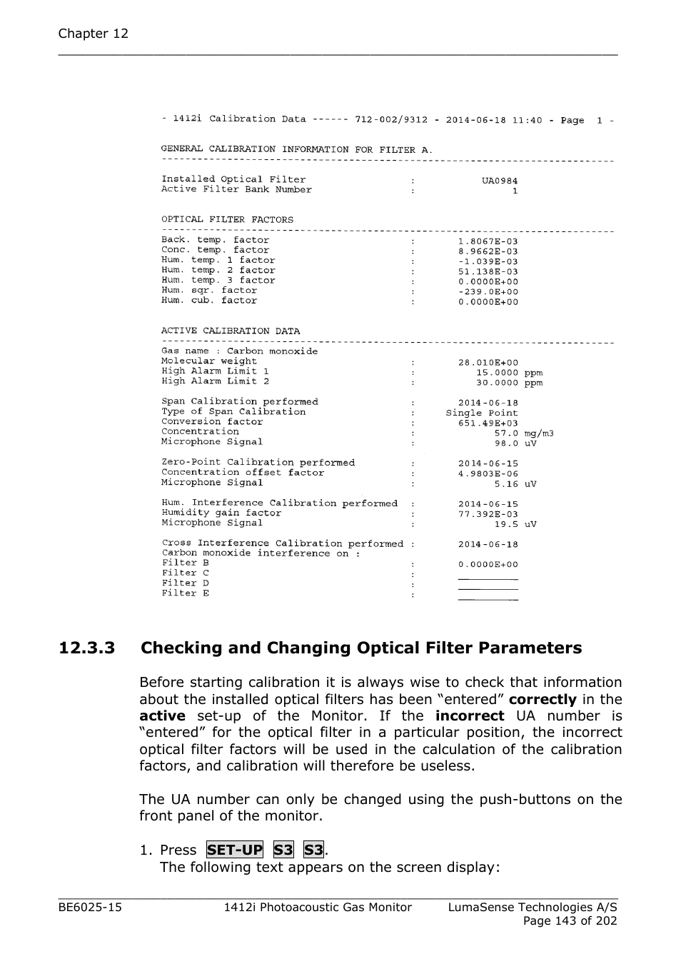 3 checking and changing optical filter parameters, Section 12.3.3, Fig.12.4 | LumaSense Technologies INNOVA 1412i User Manual | Page 143 / 202