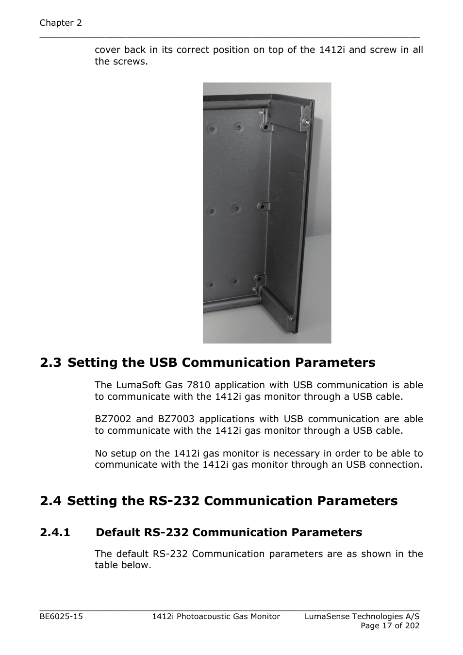 3 setting the usb communication parameters, 4 setting the rs-232 communication parameters, 1 default rs-232 communication parameters | Section 2.3, Section 2.4 | LumaSense Technologies INNOVA 1412i User Manual | Page 17 / 202