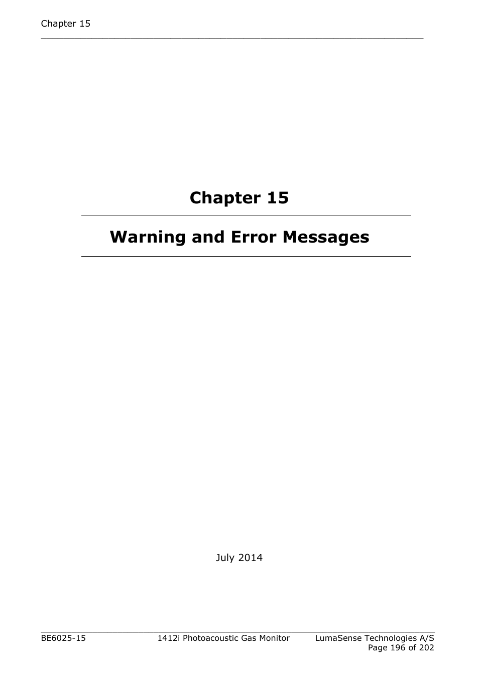 Chapter 15 warning and error messages, Chapter 15 | LumaSense Technologies INNOVA 1412i User Manual | Page 196 / 202