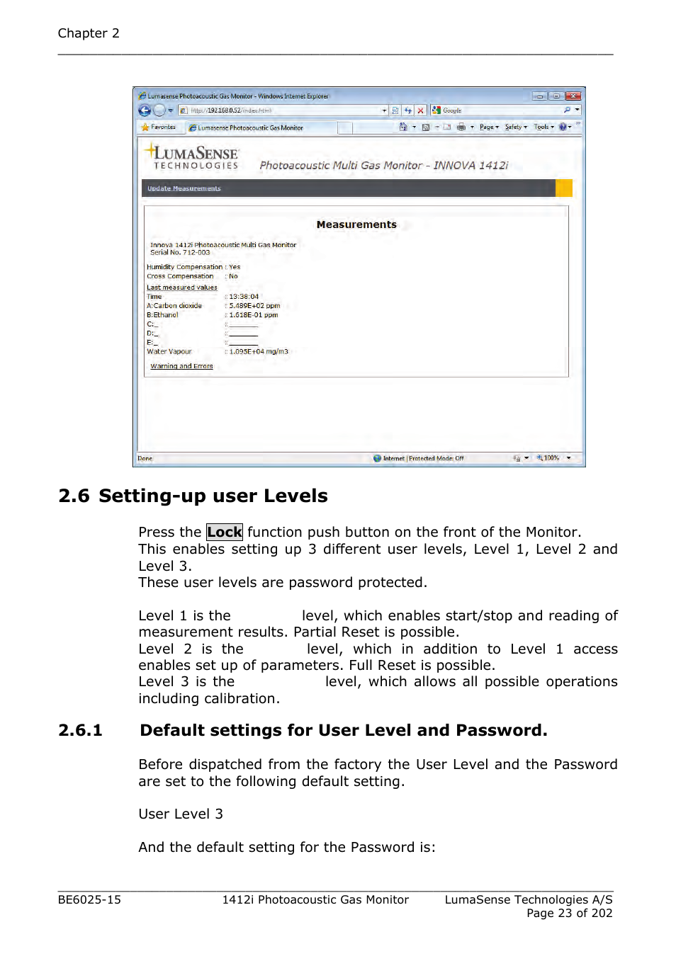 6 setting-up user levels, 1 default settings for user level and password, Section 2.6 | LumaSense Technologies INNOVA 1412i User Manual | Page 23 / 202