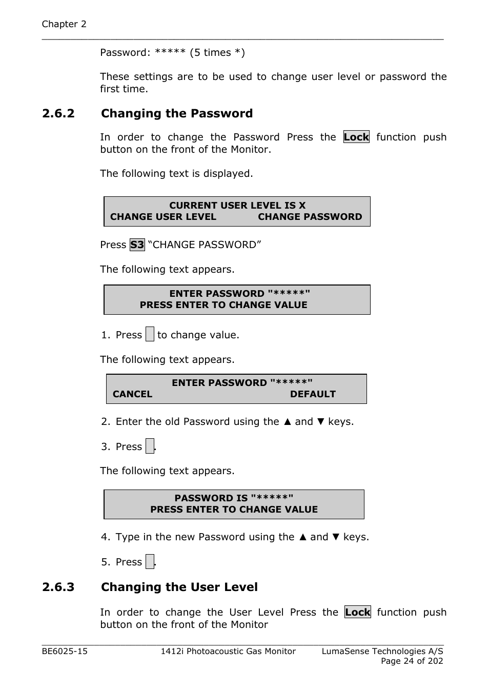 2 changing the password, 3 changing the user level | LumaSense Technologies INNOVA 1412i User Manual | Page 24 / 202