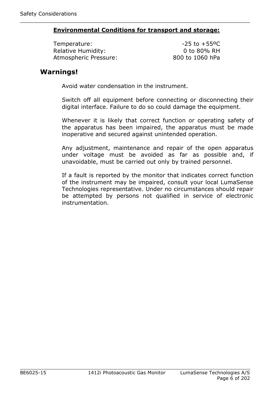 Warnings | LumaSense Technologies INNOVA 1412i User Manual | Page 6 / 202