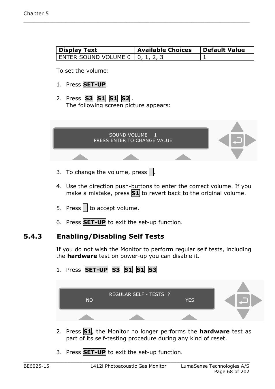 3 enabling/disabling self tests, Section 5.4.3, Table | LumaSense Technologies INNOVA 1412i User Manual | Page 68 / 202