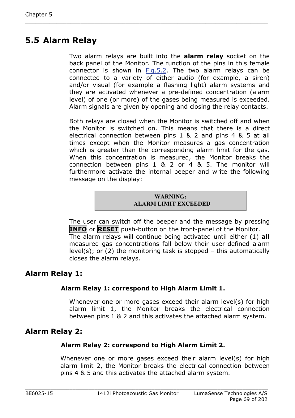 5 alarm relay, Alarm relay 1, Alarm relay 2 | LumaSense Technologies INNOVA 1412i User Manual | Page 69 / 202